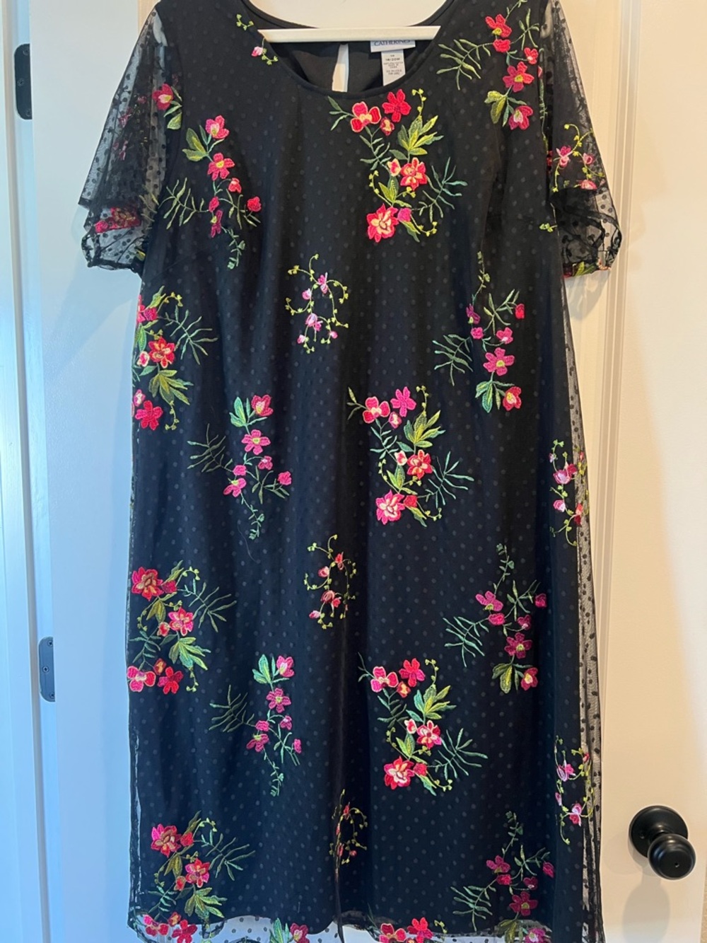 Catherines Black Lace Dress with Pink Floral Embroidery